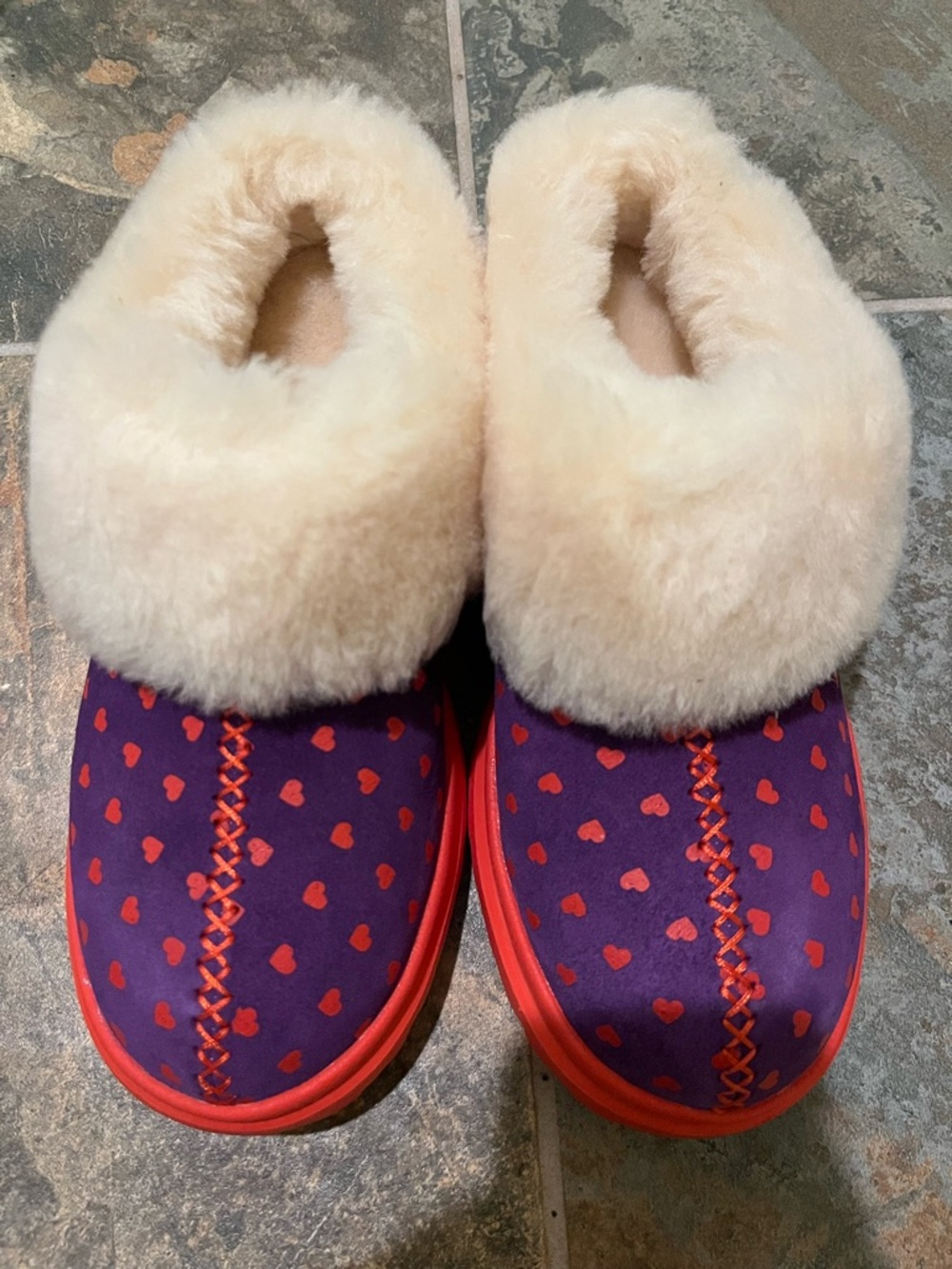 Cozy Purple & Red Heart Wool Lined Slippers